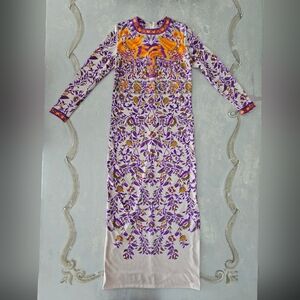Mr. Dino 60's Taupe Purple Orange Hand Designed Screen Print Sleeve Maxi Dress
